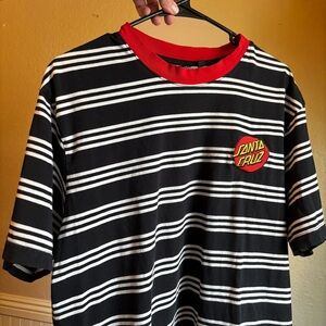 Santa Cruz Black and White Striped Tee with Red Accents
